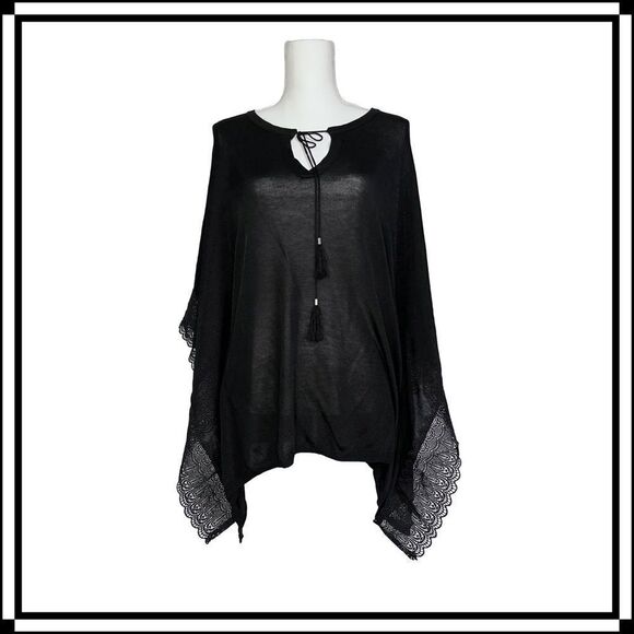White House Black Market Sweaters - Like New! WHBM Lightweight Black Poncho with Lace Trim, size Med